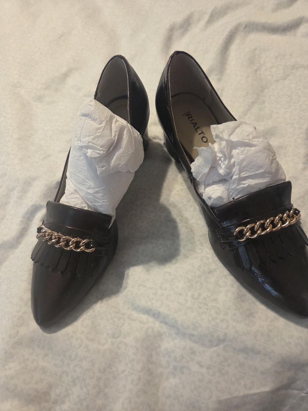 Rialto Black Patent Pointed Toe Loafers with Gold Chain